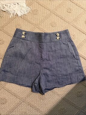 Veronica Beard Navy High-Waist Linen-Blend Shorts with Button Detail